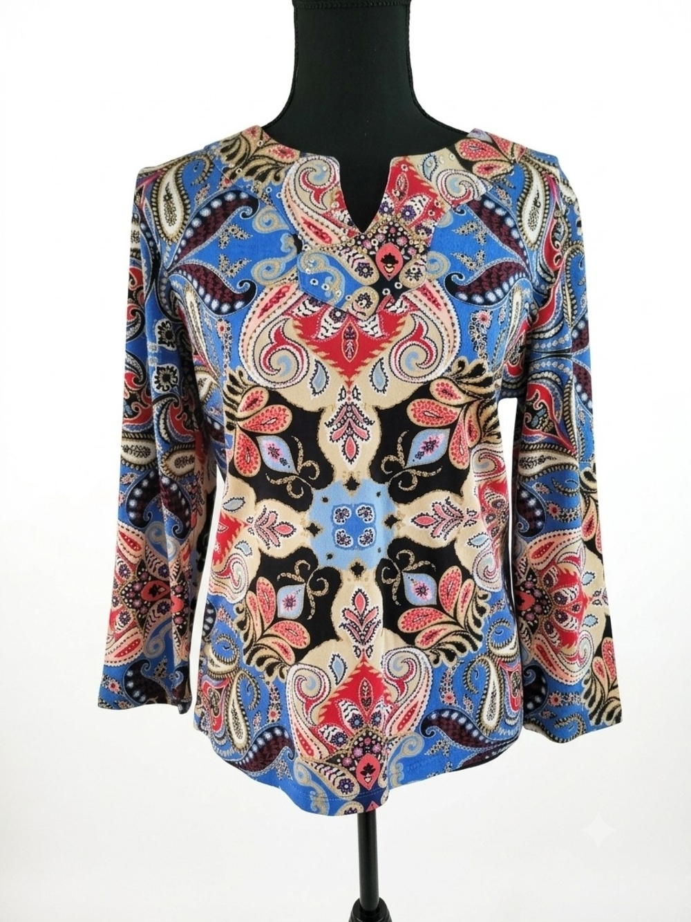 Rafaella Paisley V-Notch Long Sleeve Top - Blue / Red / Black / Cream